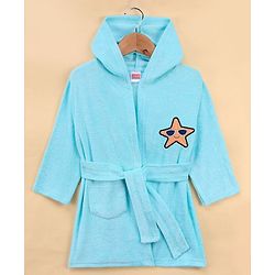 Babyhug Full Sleeves Cotton Knit Hooded Bath Robe Giraffe Embroidery with Pocket - Blue