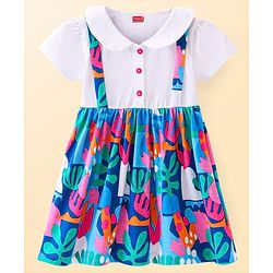 Babyhug Cotton Woven Half Sleeves Floral Printed Frock with Peter Pan Collar Detailing - Blue & White