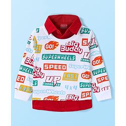 Babyhug Cotton Knit Full Sleeves Overlapped T-Shirt With Text Print - Red & White