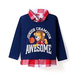 Babyhug Cotton Knit Full Sleeves Overlapped T-Shirt with Lion Graphics - Red & Navy Blue