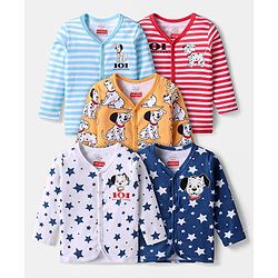 Babyhug Disney Cotton Knit Full Sleeves Front Open Jhablas With Stripes & 101 Dalmatians Graphics Pack of 5 - White Blue & Orange