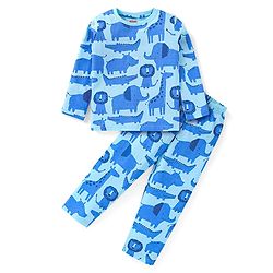 Babyhug Cotton Knit Full Sleeves Night Suit Animal Print - Blue