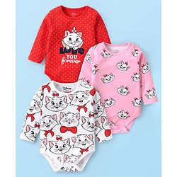 Babyhug Disney Interlock Knit Full Sleeve Onesies with Aristocats - Marie Graphics Pack of 3 - Red Pink & White