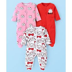 Babyhug Disney Interlock Knit Full Sleeves Sleep Suits with Stripes & Aristocats Graphics Pack of 3 - Pink Red & White