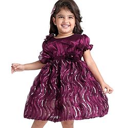 Babyhug Woven Puffed Sleeves Fit & Flared Sequined Ruffled Party Frock with Floral Applique - Wine