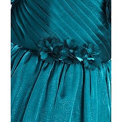 Babyhug Woven One Shoulder Sleeves Party Frock with Floral Applique - Teal Blue