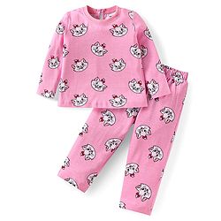 Babyhug Disney Interlock Knit Full Sleeves Night Suit With Aristocats Marie Graphics - Pink