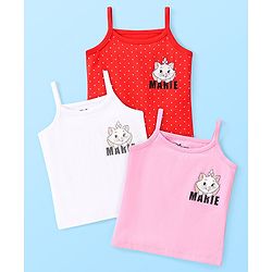 Babyhug Disney Cotton Knit Singlet Sleeves Slips with Aristocats Marie Graphics & Badge Detailing pack of 3 - Pink White & Red