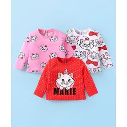 Babyhug Disney Single Jersey Knit Full Sleeves T-Shirts With Aristocats Marie Graphics Pack Of 3 - Pink Red & White