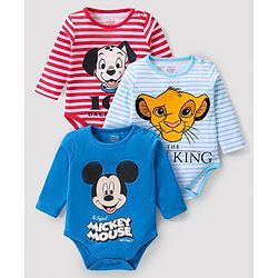 Babyhug Disney Interlock Knit Full Sleeves Striped Onesies with 101 Dalmatians Mickey Mouse & The Lion King Graphics Pack of 3 - Blue & Red