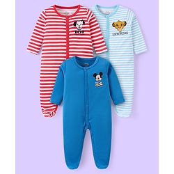 Babyhug Disney Cotton Knit Full Sleeves Striped Sleep Suits With Mickey Mouse 101 Dalmatians & Lion King Graphics Pack Of 3 - Blue Red & Sky Blue