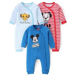Babyhug Disney Cotton Knit Full Sleeves Striped Sleep Suits With Lion King Mickey Mouse & 101 Dalmatians Graphics Pack Of 3 - Blue & Red