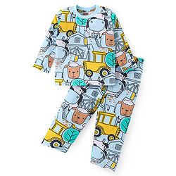 Babyhug Cotton Knit Full Sleeves Night Suit With Animal & Vehicles Print - Light Blue