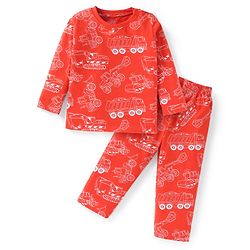 Babyhug Cotton Knit Full Sleeves Night Suit With Construction Vehicles Print - Red