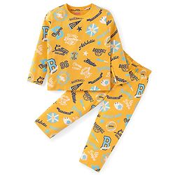 Babyhug Cotton Knit Full Sleeves Night Suit with Text & Varsity Print - Mustard