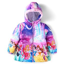 Babyhug Disney Full Sleeve Winter Hooded Jacket With Disney Princess Print & Fur Detailing - Pink & Blue