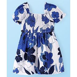Babyhug Poplin Woven Half Sleeves Frock with Smocking Detailing & Floral Print - White & Navy