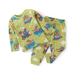 Babyhug Cotton Knit Full Sleeves Night Suit with Dino Print - Lime Green