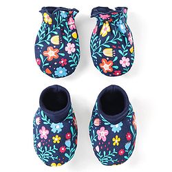 Babyhug 100% Cotton Knit Floral Print Mittens and Booties - Navy Blue