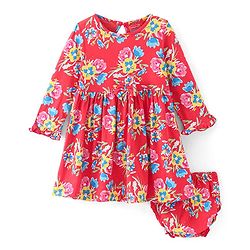 Babyhug Cotton Knit Full Sleeves Frock with Bloomer & Floral Print - Red
