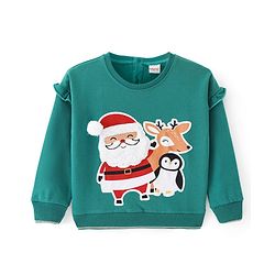 Babyhug Cotton Knit Full Sleeves Pullover Sweatshirt with Christmas Theme Embroidery - Green