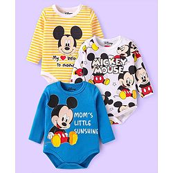Babyhug Disney Interlock Knit Full Sleeves Striped & Mickey Mouse Printed Onesies Pack of 3 - Blue & White