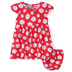 Babyhug Cotton Knit Half Cap Sleeves Floral Printed Anti Bacterial Frock with Bloomer - Red