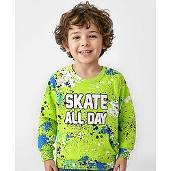 Babyhug Cotton Knit Full Sleeves Sweatshirt with Skate All Day Print & Kangaroo Pockets - Lime Green