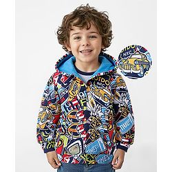 Babyhug Cotton Knit Full Sleeves Hooded Sweatjacket with Sports Theme Print - Blue