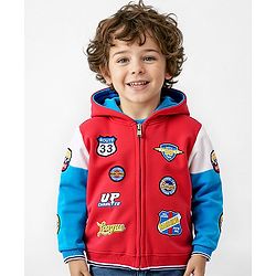 Babyhug Fleece Knit Full Sleeves Hooded Front Open Cut & Sew Designed Sweatjacket with Text Print & Badge Detailing - Blue & Red