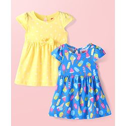 Babyhug Cotton Knit Cap Sleeves Frocks With Ice Cream & Polka Dots Print Pack Of 2 - Yellow & Blue
