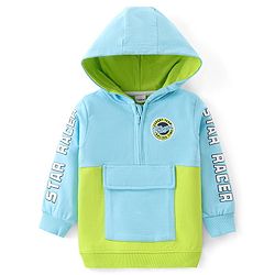 Babyhug Cotton Knit Full Sleeves Hooded Sweatshirt With Cut & Sew Design & Text Print - Sky Blue