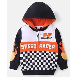 Babyhug Cotton Knit Full Sleeves Hooded Sweatjacket with Race Theme Print - Multicolour