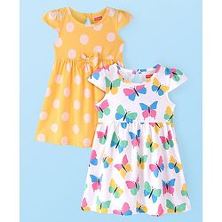 Babyhug Cotton Knit Cap Sleeves Frocks with Polka Dots & Butterfly Print Pack of 2 - Yellow & White