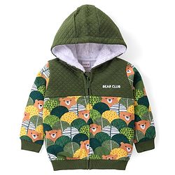 Babyhug Cotton Knit Full Sleeves Front Open Hooded Sweatjacket with Quilted Design & Bear Print - Olive Green