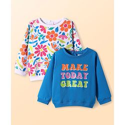 Babyhug Cotton Knit Full Sleeves Sweatshirts With Text & Floral Graphics Pack of 2 - Blue & White