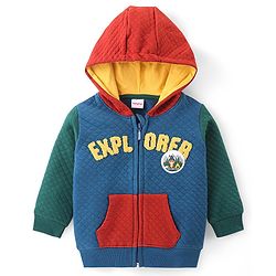 Babyhug Cotton Knit Full Sleeves Front Open Hooded Sweatjacket with Quilted Design & Animal Patch Detailing - Multicolour