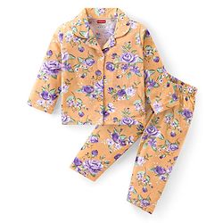 Babyhug Cotton Knit Full Sleeves Floral Printed Night Suit - Peach