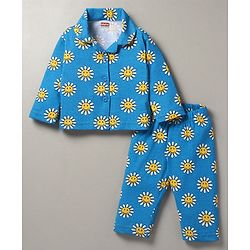 Babyhug Cotton Woven Full Sleeves Night Suit Dino Print - Blue