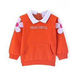 Babyhug Cotton Knit Full Sleeves Floral & Text Printed Collared Sweatshirt with Kangaroo Pockets - Dark Orange
