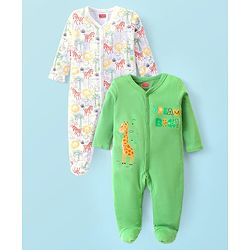 Babyhug Cotton Knit Full Sleeves Footed Sleep Suits with Animal Print Pack of 2 - Green & White