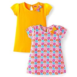 Babyhug Single Jersey Knit Half Sleeves Dresses With Floral Print & Bow Applique Pack of 2 - Yellow & Pink