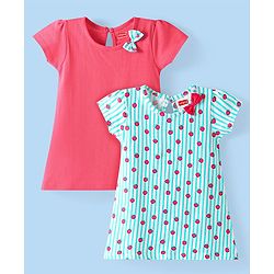 Babyhug Single Jersey Knit Half Sleeves Dresses With Fruit Print & Bow Applique Pack of 2 - Dark Pink & Light Blue