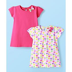 Babyhug Single Jersey Knit Half Sleeves Dresses With Heart Print & Bow Applique Pack of 2 - Dark Pink & White