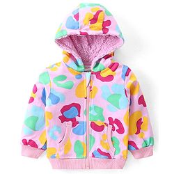 Babyhug Cotton Knit Full Sleeves Printed Hooded Sweatjacket with Kangaroo Pockets -Pink