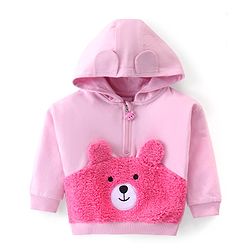 Babyhug Cotton Knit Full Sleeves Hooded Sweatshirt with Bear Embroidery & Ears Applique - Pink