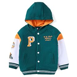 Babyhug Cotton Knitted Full Sleeves Bomber Hooded Jacket With Text Print & Badge Detailing - Green