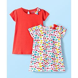 Babyhug Single Jersey Knit Half Sleeves Dresses With Heart Print & Bow Applique Pack of 2 - Red & White