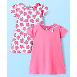 Babyhug Single Jersey Knit Half Sleeves Dresses With Apple Print & Bow Applique Pack of 2 - White & Pink