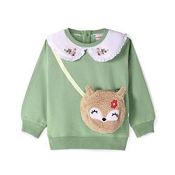 Babyhug Cotton Knit Full Sleeves Peter Pan Collar Sweatshirt with Sling Bag Applique & Floral Embroidery - Mint